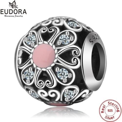 EUDORA Sterling Silver Cubic Zirconia Round Oxidation Flower Bead Charm for Lady Bracelet & Necklace DIY Jewelry Gift CYZ046
