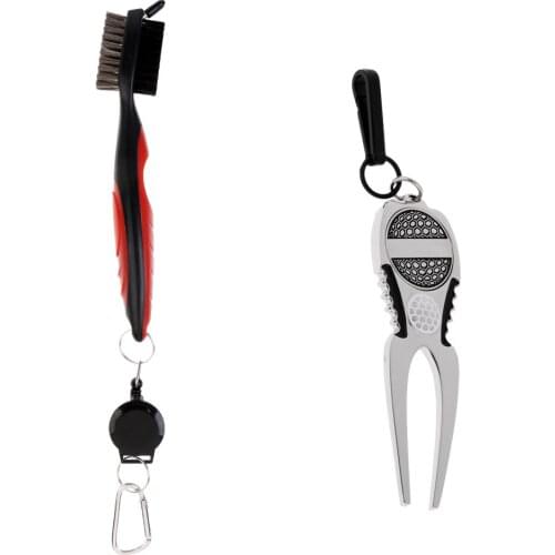 Double Sides Golf Brush and Groove Cleaner with Retractable Cord + Golf Divot Repair Tool with Magnetic DetachableBall Marker