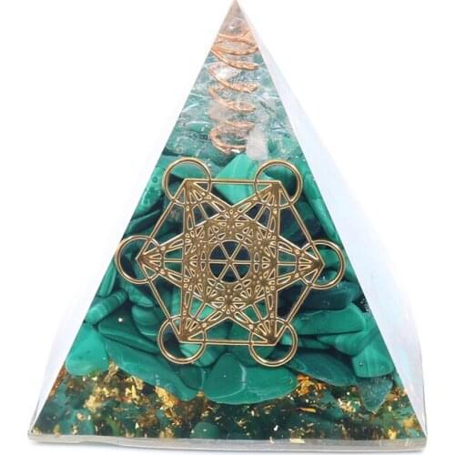 FYSL Light Yellow Gold Color Malachite Stone and Resin Pyramid Pendant Amethysts Crystal Orgonite Jewelry