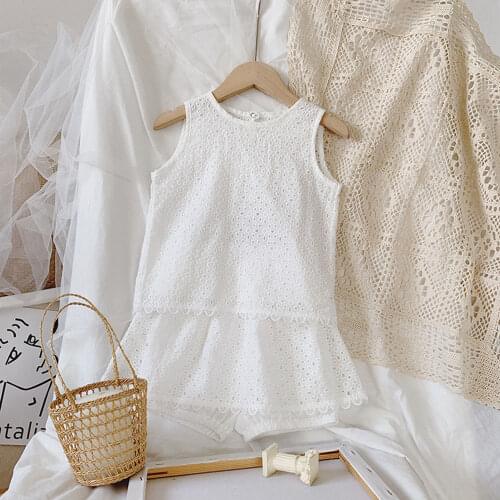 Hollead Childrens Clothing Sets Baby Girls White Embroidery Top Princess Costume Summer 2021 Kids Vest+Shorts Clothes Set