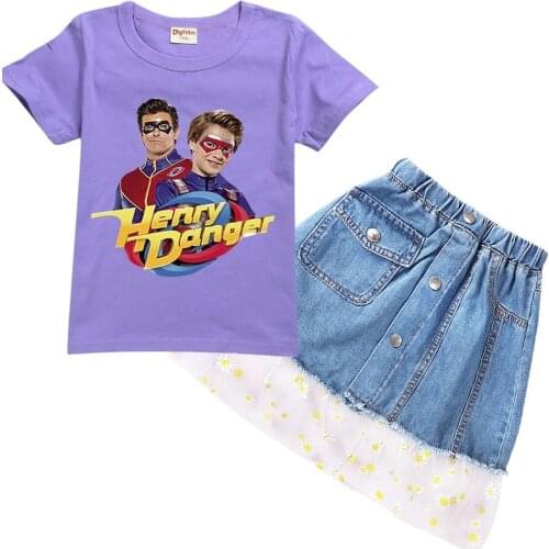 Summer Girls Clothing Sets Henry Danger 2PCS Outfits Kids Clothes Girl T-Shirt+Jeans Skirt 2Pcs Button Front High Waist Skirt