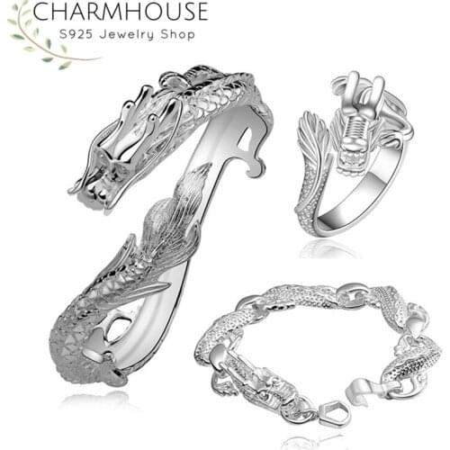 Charmhouse Silver 925 Jewelry Sets For Women Men Dragon Cuff Bangle Bracelet Ring 3pcs Set Fashion Jewelry Accessories Bijoux