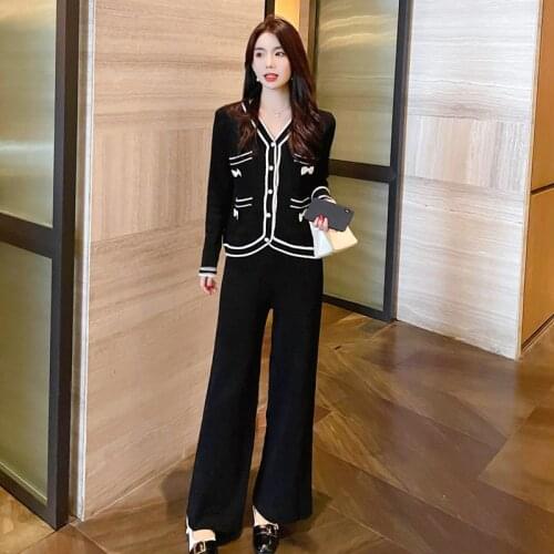 Spring Autumn Chic Knitted Tracksuit Women 2 Piece Set Pants Suit Long Sleeve Sweater Pullovers Trousers Casual Wide Legs