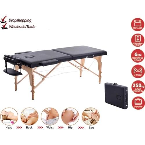 Massage Table Portable 2 Section Folding Couch Bed Lightweight Beauty Salon Tattoo Therapy Wooden Frame 70 cm width -Black