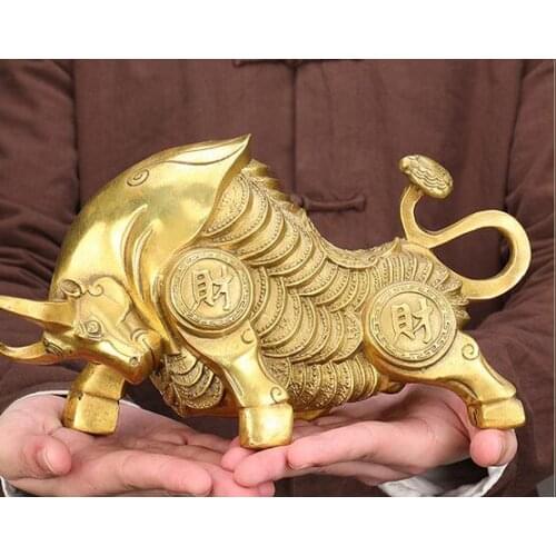 Medium Size Brass Bronze Wall Street Fierce Bull OX Figure Statue 7" Longroomcraft Art Statue Home decoration