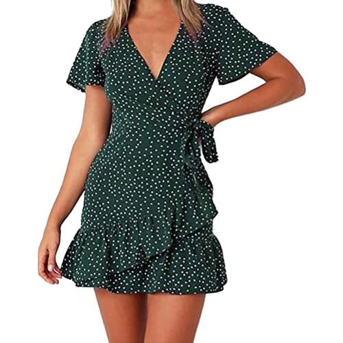 Fashion Womens Holiday Ruffles Ladies Summer Short Sleeve Floral Printed Waistband Party Beach Mini Dress Sundress Vestidos#35