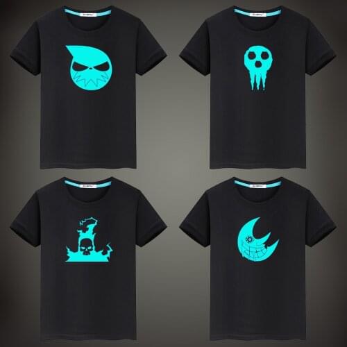 Soul Eater Print Blue Fluorescent Luminous Boy Girl T shirt Summer Short Sleeve Men T Shirt Tops Tee Cotton Children Clothing