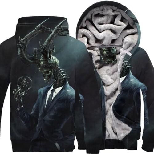 2021Hoody Men skull Print Hoodie Winter Thick Fleece Hooded Zipper Hoodie Coat Sportwear Streetwear Support DIY Print plus size