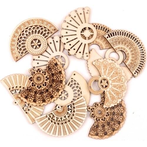 Handmade Wooden Crafts Home Decoration Scrapbooks Jewelry Make Earrings DIY Mix Chinese Style Retro Fan Wood Ornaments 65mm 6pcs