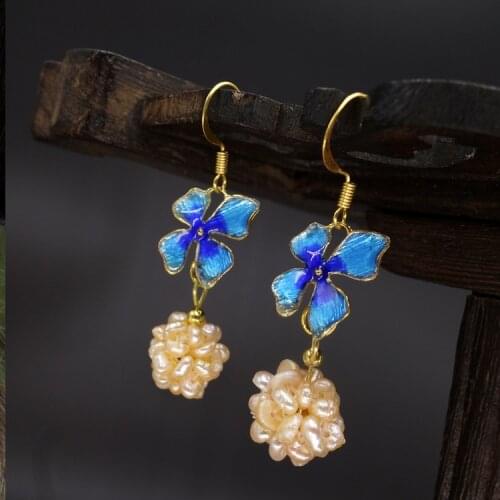 Vintage ethnic pearl jewelry dangle earrings,fashion nature pearl vintage earrings,new cloisonne ethnic earrings