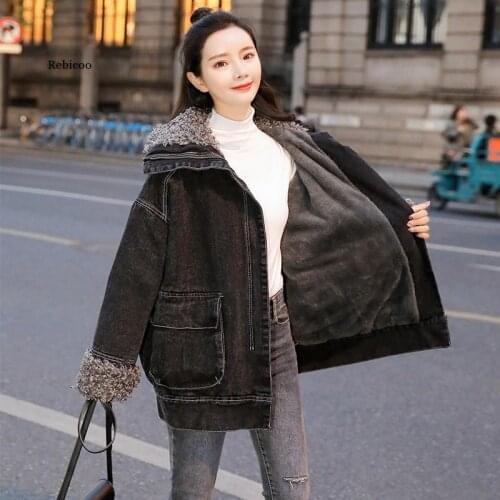 Women Denim Jacket Coat Lambswool Warm Fleece Outerwear Overcoat Autumn Winter Black Blue Batwing Sleeve