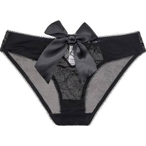 Ladies sexy lace panties women seductive perspective satin big bow knot dating black low rise panty Ningsige