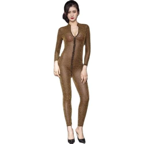 Gold Yarn Leopard Long Sleeve Zipper Open Crotch Bodysuit Bodycon Rompers Womens Jumpsuit Tights Bodystocking Sexy Lingerie Body