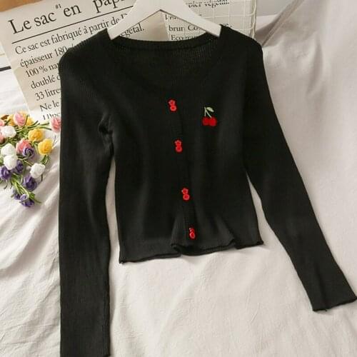 Women Sweaters 2021 Spring Autumn Sweet Girls V-Neck Cherry Embroidery Design All-Match Knitted Cardigans