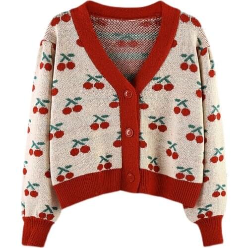 Spring Cherry Embroider Casual Knitted Sweater Women Chic V Neck Long Sleeve Oversized Cardigan Cute Single Breasted Crop Top