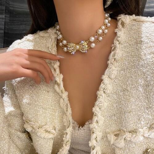 Necklace for Women Double Layer Pearl Crystal Bowknot Choker Clavicle Chain Elegant Fashion Necklace Chain Jewelry Wholesale