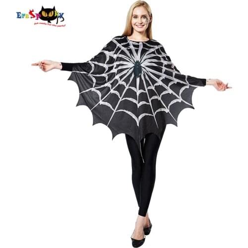 Eraspooky Black Spider Web Cosplay Poncho Adult Halloween Costume For Women Scary Printed Spider Cloak Fancy Dress