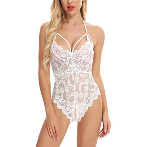 Womens Sexy Solid Lingerie Lace Mesh and Hot Open Crotch Underware Backless One-piece Slim V-Neck Loungewear Bodysuit Nightwear