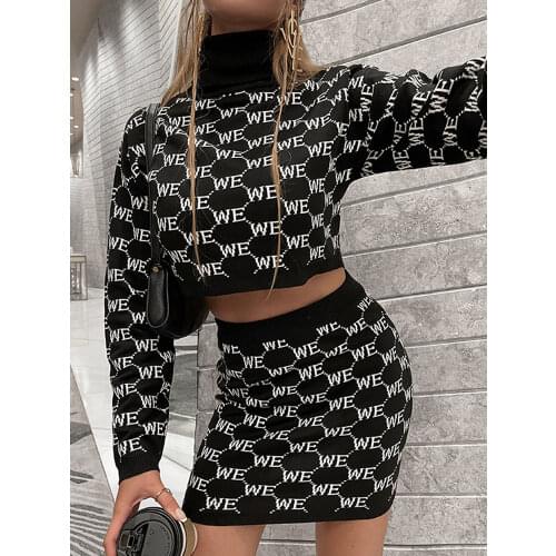 Glamaker Elegant Turtleneck pullover skirts suit Women warm sweaters and skirts letter autumn knitted fashion chic co ord set