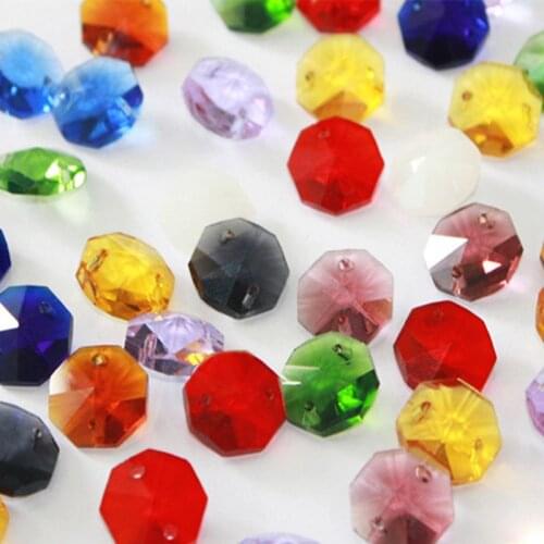 Camal 100Pcs 14mm Multicolor Crystal Octagonal Loose Beads 1 Hole / 2 Holes Chandelier Lamp Lighting Parts Curtain Craft DIY