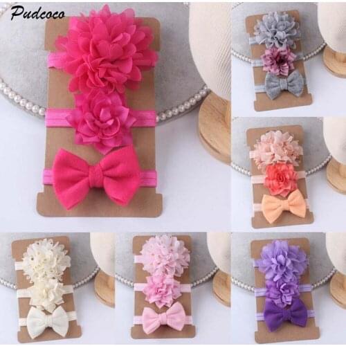 2019 Brand 3 Pcs/Set Cute Baby Girls Newborn Elastic Bowknot Solid Flower Chiffon Princess Hairband Hair Band Accessories