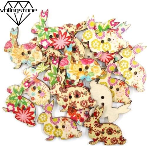 50Pcs 30x30mm Rabbit Wooden Button Animal Sewing Buttons For Clothes 2-Holes Flower Rabbit Handmade Scrapbooking Button DIY