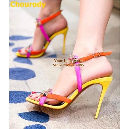Choudory Yellow Heels Gold Pyramid Studded Sandals Orange Pink Suede Multicolor Strappy Dress Shoes Metal Embellished Shoes