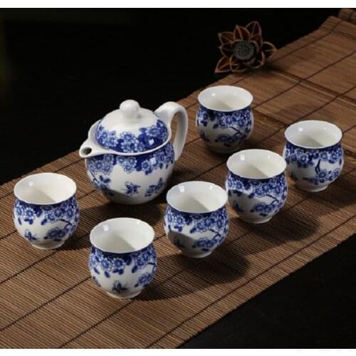 Jingdezhen 7 green flower double double cup heat insulation tea kit, ceramic Kung Fu business gift tea set