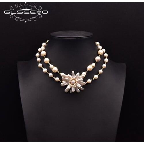 GLSEEVO Natural Baroque Freshwater Pearl Necklace For Woman Wedding Gift Double Necklace Flower Style Fashion Jewelry GN0272