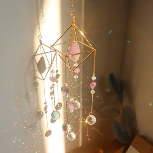 Crystal Light Catching Jewelry Windchimes Diamond Sun Lighting Catcher Ball Bead Crystal Metal Frame Natural Stone Bead Pendant
