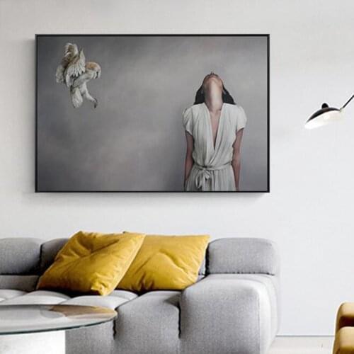 Woman In White Dress Canvas Painting Owl Animal Posters Print Unique Minimalist Decor Wall Art Pictures For Living Room Bedroom