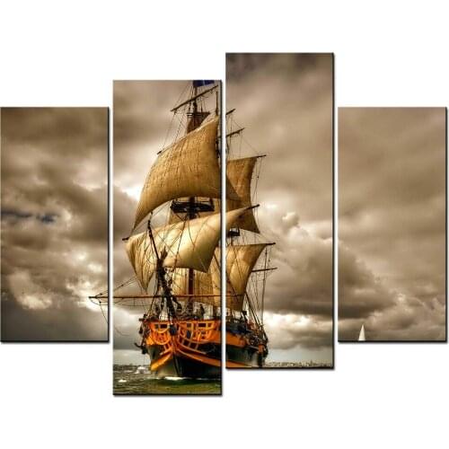 Natural Landscape Paintings Wall Art a Sailing Ship on the Sea under the Mortal Storm 4 Panel Picture Print Drop shipping