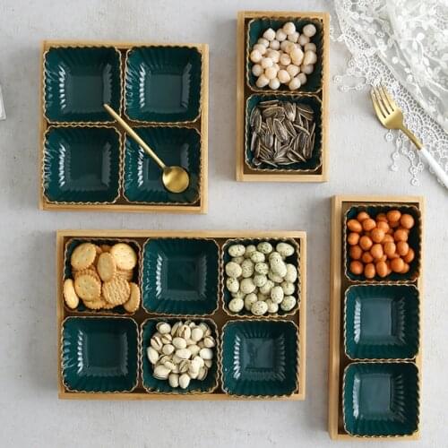 Green Gold Rim Ceramic Dish Fruits Platter Creative Porcelain Snack Dessert Plate Natural Bamboo Serving Tray Holder Tableware