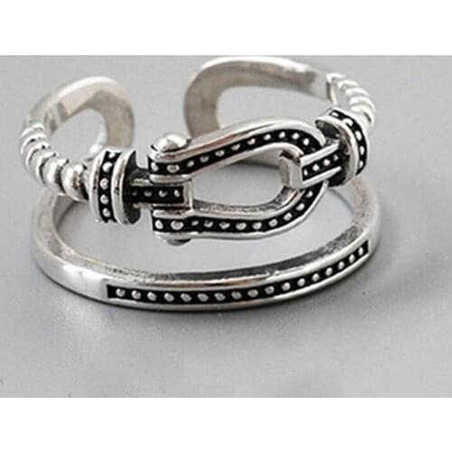 Retro Vintage 925 Sterling Silver Rings Open Double-layer Belt Buckle Rings Handmade Lady Prevent Allergy