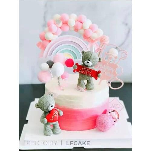 Lovely hearts Bear with party rainbow Happy Birthday Cake Topper for Valentine`s Day Baby Shower Gift Cupcake Dessert Supplies