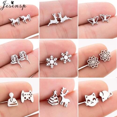 Jisensp Fashion Stainless Steel Earrings Style Elk Snowflake Stud Earrings Wedding Jewelry for Women Girls Party Gift bijoux