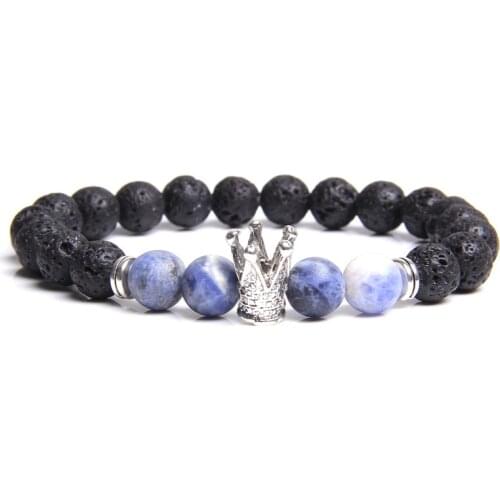 Mens black Natural lava beads Crown charm bracelet couple metal king crown bracelets for men male lava royal crowns bracelets