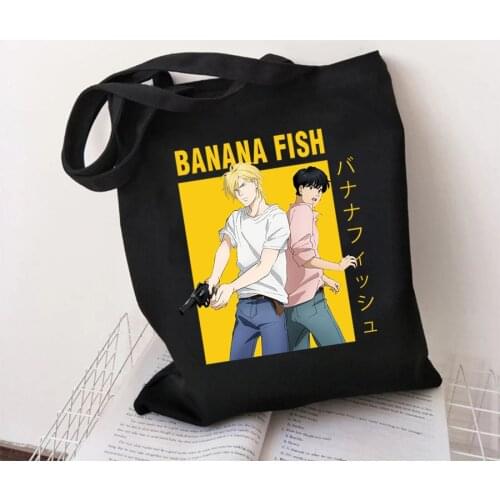 New Banana Fish Shopping Bag Grocery Bolsa Shoulder Canvas Bag With Zipper Shopper Korean Handbag Eco Tote Foldable Bolsos Women