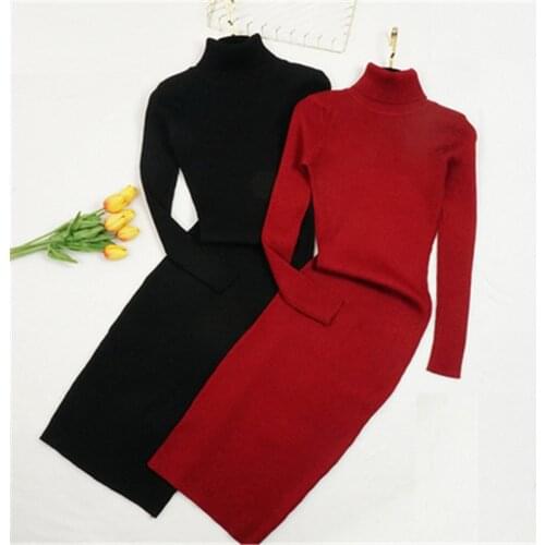 New Turtleneck Knitted Dress Women Autumn Winter Sweater Dresses Women Slim Bodycon Long Sweater Female Vestidos