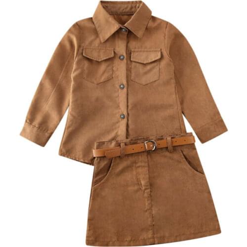 2-6Y Infant Baby Girl Kid 2020 Spring Long Sleeve Faux Fur Shirt + Skirt + Belt 3pcs Outfits Clothes Dress Sets
