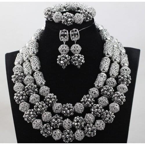 Charms Silver Crystal Bead Balls Jewelry Set Indian Bridal Necklace Earrings Bracelet Set All Silver Jewelry Set WD997
