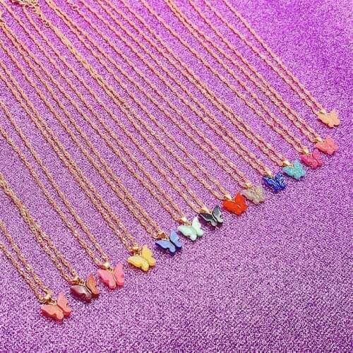 Peixin 14 Colors Gold Pink Butterfly Pendant Necklace high quality women shining crystal adjustable clavicle chain womens gift