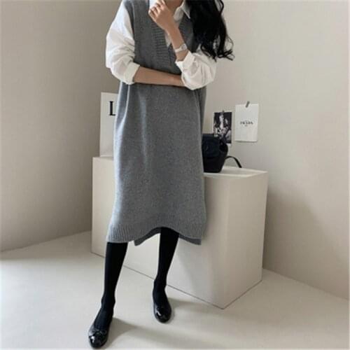 RUGOD Vintage Woman Thicken Jersey Dress Korean Casual V-Neck Solid Sleeveless Vest Vestidos Side Split Mid-Calf Kint Robe YYQX9