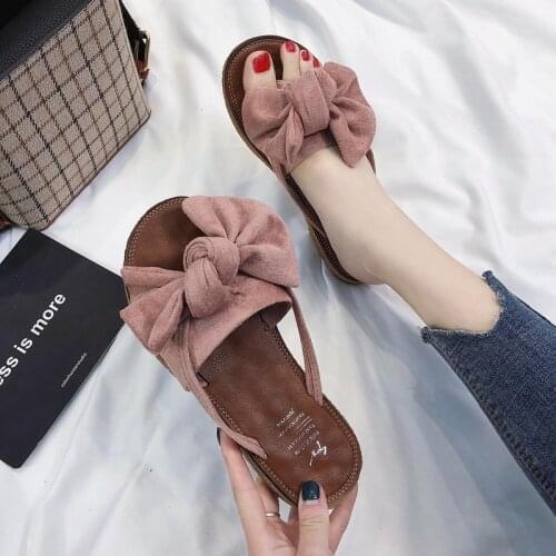 Flip-flops Womens Bowknot Splint Slippers Korean-Style Cute Beef Tendon Flat Split Toe Non-Slip Slippers Wear-Resistant