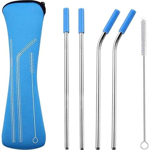 Kitchen Dining Bar Stainless Steel Straws Anti-scratch Silicone Soft Sleeve Rainbow Color Reusable Metal Straws Set Drinkware