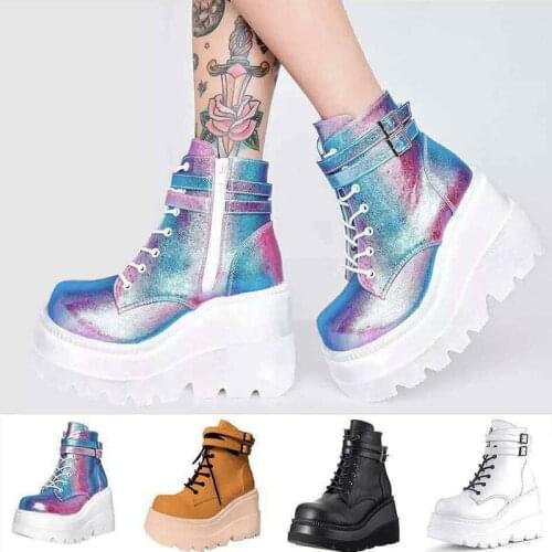 Ladies shoes Fashion High heel Platform Boots multicolor buckle Lace-up Wedges Ankle Boots for Women 2020 Punk female shoes