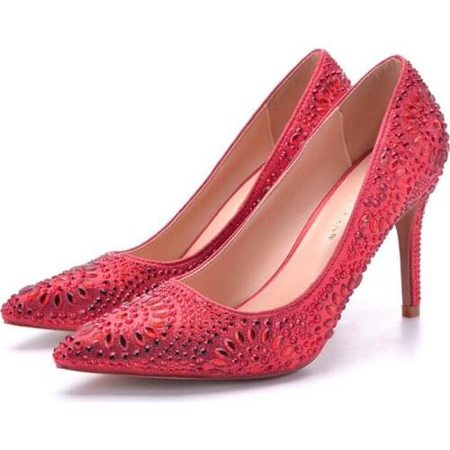 Women pumps Sequined Cloth Slip On 7CM 9CM Thin High Heels Pointed Toe Rhinestones Bling Shallow Women Shoes 2020 size 35-42
