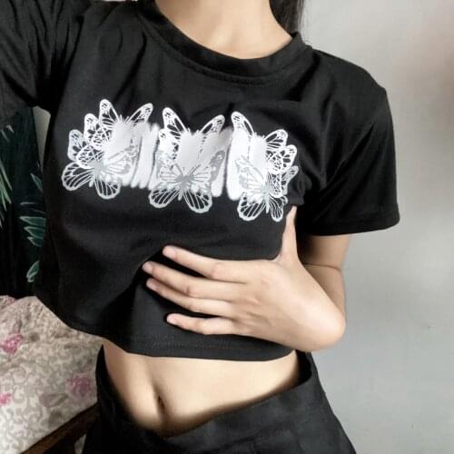 Harajuku Gothic Butterfly Print Slim Kawaii Vintage Short Anime Sexy Crop T-Shirt Hip Hop Summer Women Y2K Streetwear Female Top