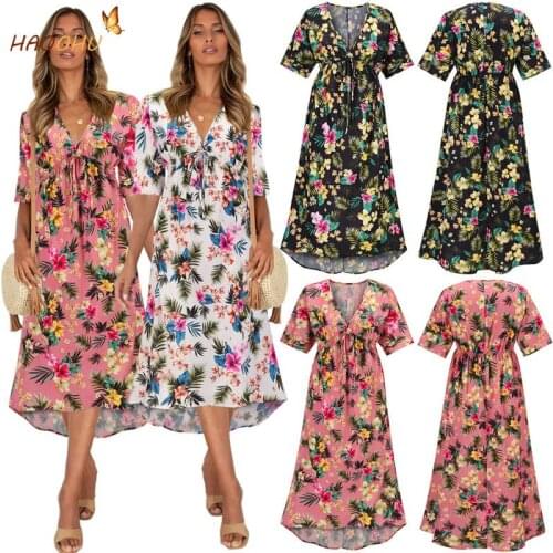 Floral Dress Bohemian Printed V-neck Summer Dress es Womens Clothing Loose 2021 Casual Big Hem HAOOHU Urban Evening Beach Sexy