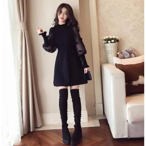 Womens All-match Long-sleeved Polka-dot Dress, Mid-length Dress with Waist and Thin Outer Wear Dress Women